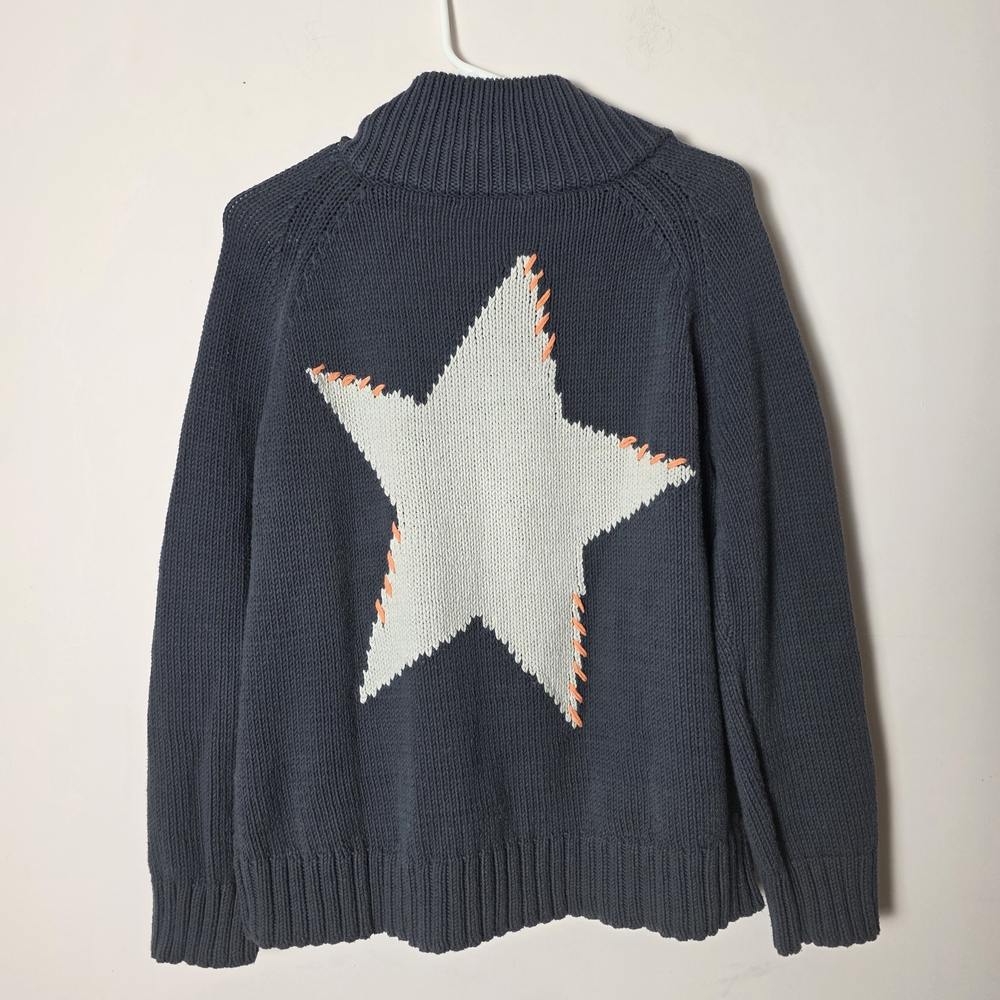 Lisa Todd Slate Blue Ribbed Funnel Neck Sweater Large Chunky Knit Mock Neck